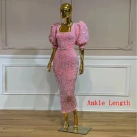2022 new european and american sen high waist fishtail pink sequins square neck puff sleeve long prom party evening dress