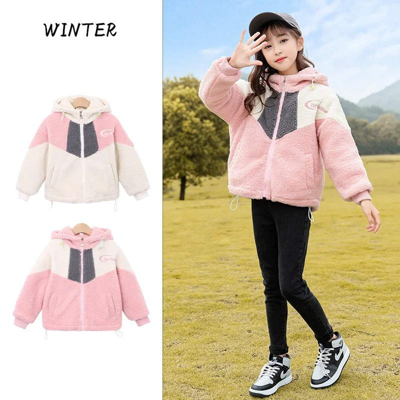 

Winter Contrast Girls Hooded Warmth Drawstring Zip Fleece Jackets Cotton Lined School Kids Outfit Tops Child Coat 3-14 Years