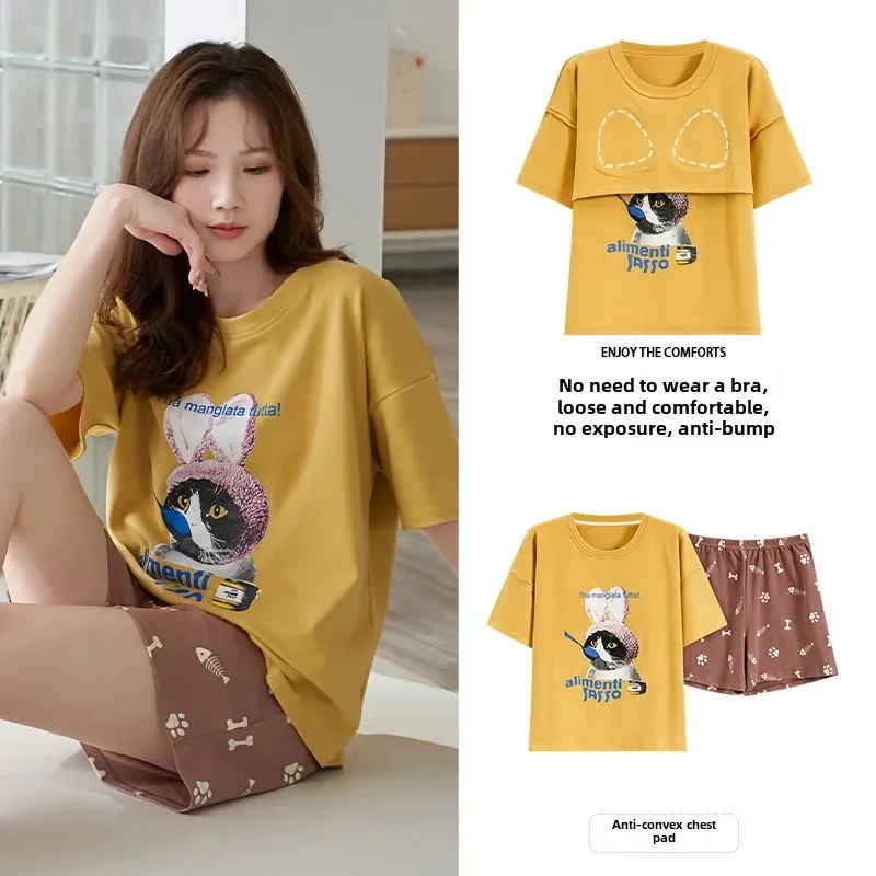 Женский летний хлопковый пижамный комплект с нагрудником и короткими рукавами