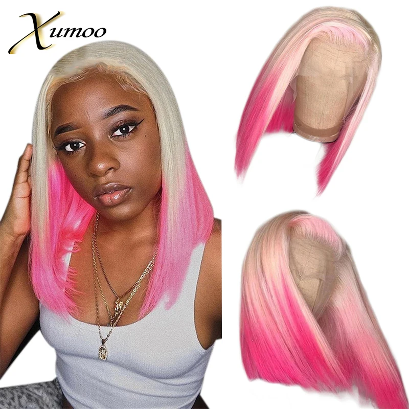 

Short Bob Straight Pixie Cut 613 Honey Blonde Green Ombre Color Human Hair Transparent 13X4 T Part Lace Front Wig For Women Remy