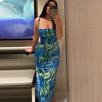 fashion classic womens clothing summer clear print open back open slit dress holiday beach skirt green