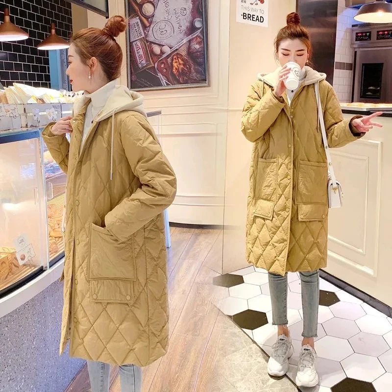 

Women's Winter Clothing Argyle Cotton Jacket Knee Over High-End Long Style Coat Hooded Warm Cotton-Padded Parka Overcoat Female