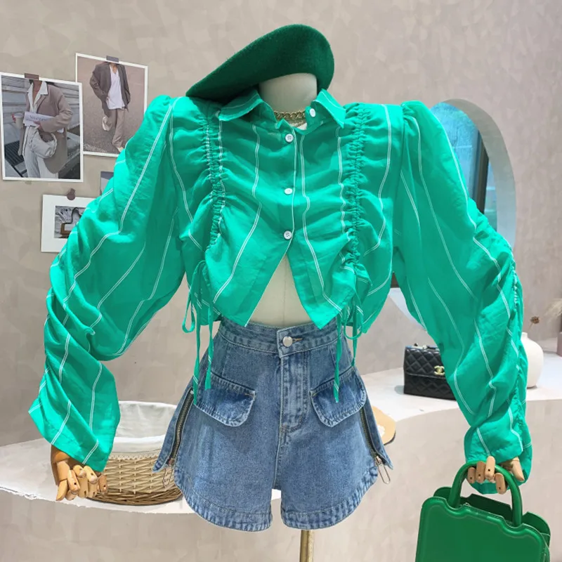 

New Women's Clothing 2022 Summer Fashionable versatile design pleated drawstring thin top loose shirt blusas