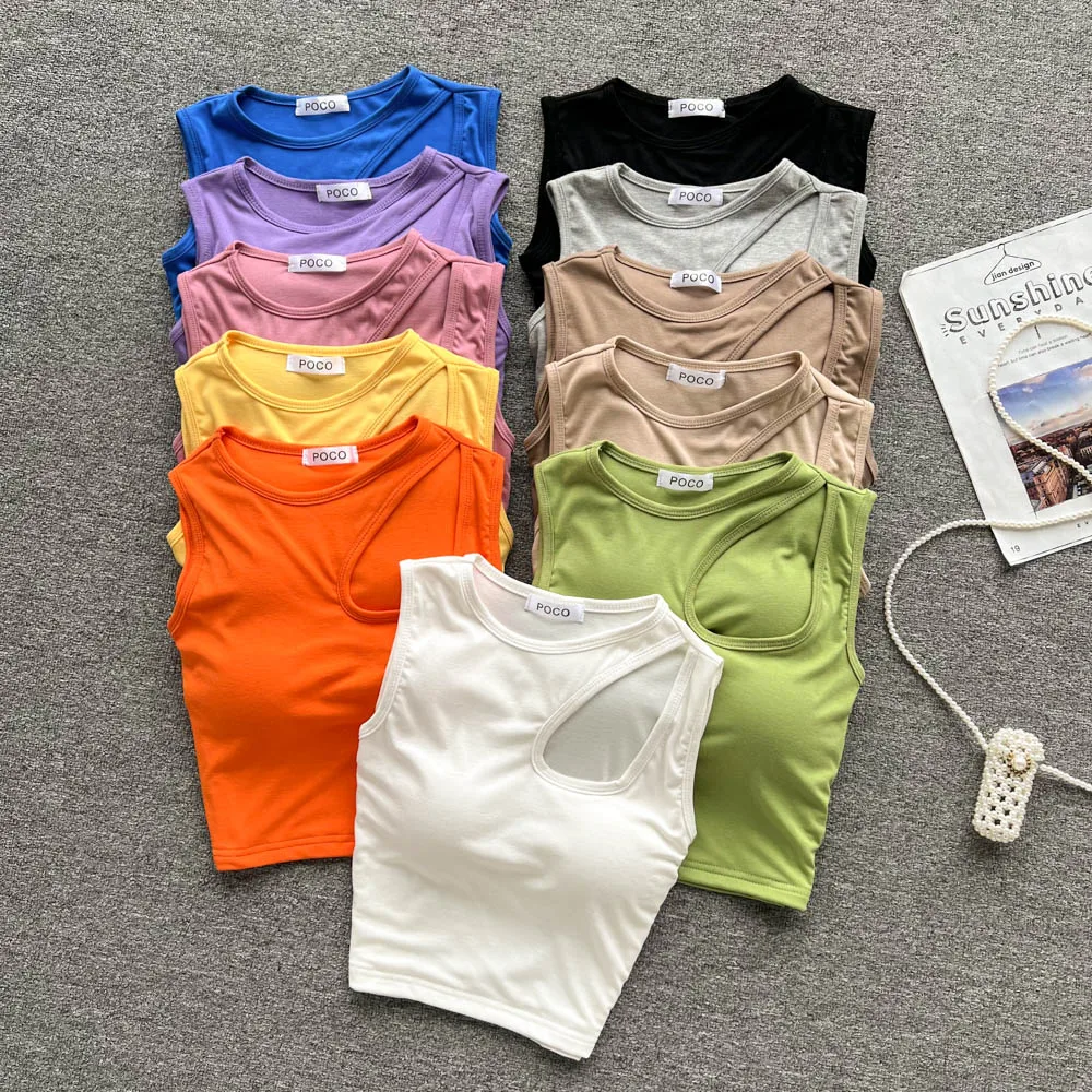 

Almighty Sleeveless Tank Camis Women Casual Hollow Out O-Neck Solid Colours Crop Tops With Built in Bras Woman Tanks Camisoles