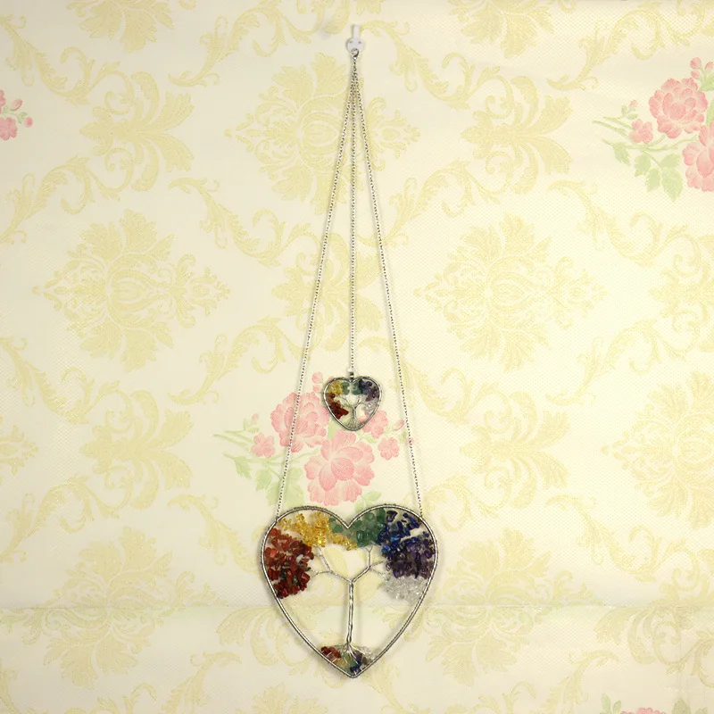 Handmade Copper wire wrap Natural Crystal Double hearted tree of life Ornament Room Door Window Decoration Car Interior Hanging