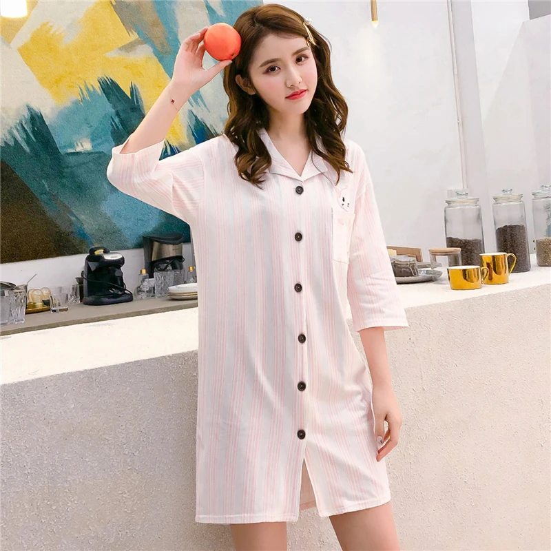 Cotton Striped Cardigan Casual Nightdress Women 2021 Cute Cartoon Sexy Nightgowns Sleepshirts Female Homewear Dress Nightgowns