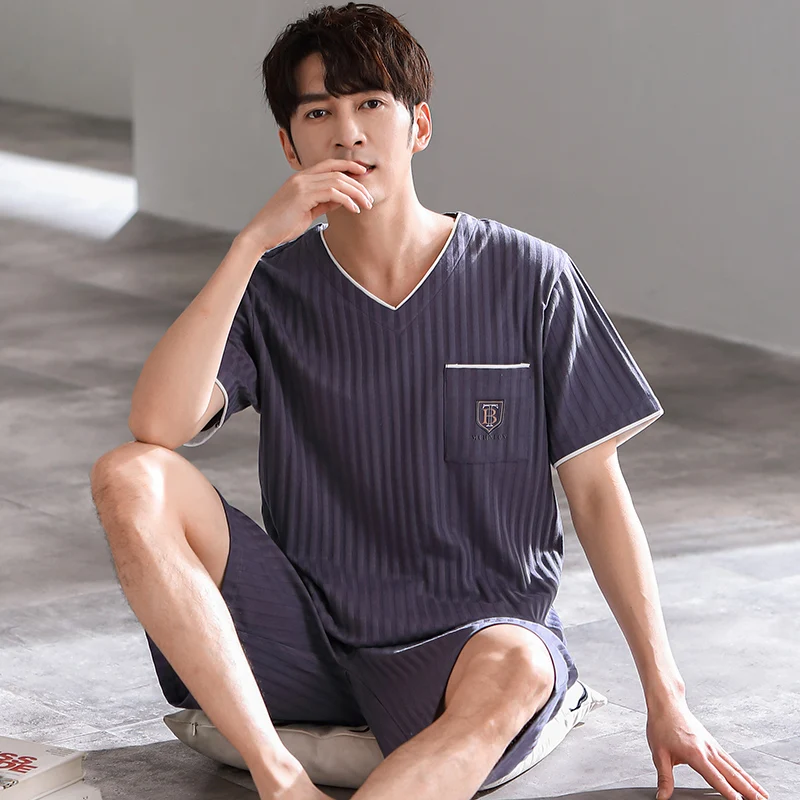 Men Comfortable Pajamas Set 3XL 4XL Short Sleeve Casual Home Wear Spring Summer Cotton Boy Pajama Sets Leisure Sleepwear Set