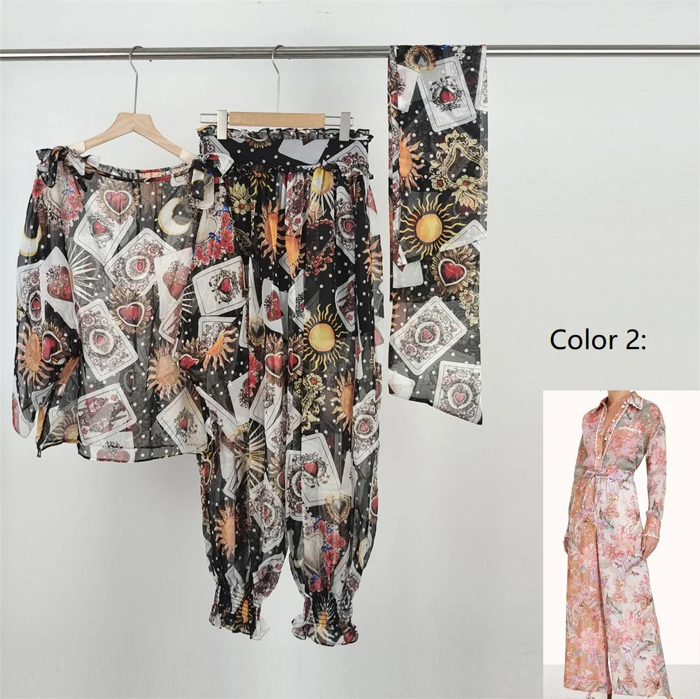 2023 NewWomen Long Sleeve Floral Print Rmaie Blouse With Long Pant