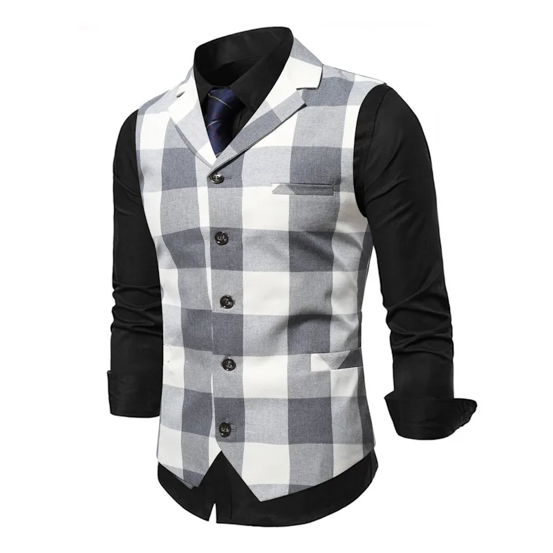 

New Fashion Versatile Men's Casual Plaid Single Breasted Polyester Cotton Blended Yarn Vest for Man Daily Party Waistcoat