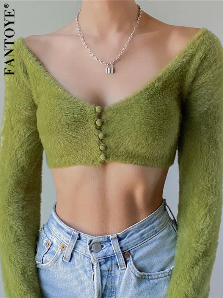 

Fantoye Sexy V Neck Velvet Cardigan Sweater Women Solid Long Sleeve Elegant Y2K Clothes Single Breasted Green Crop Tops Female