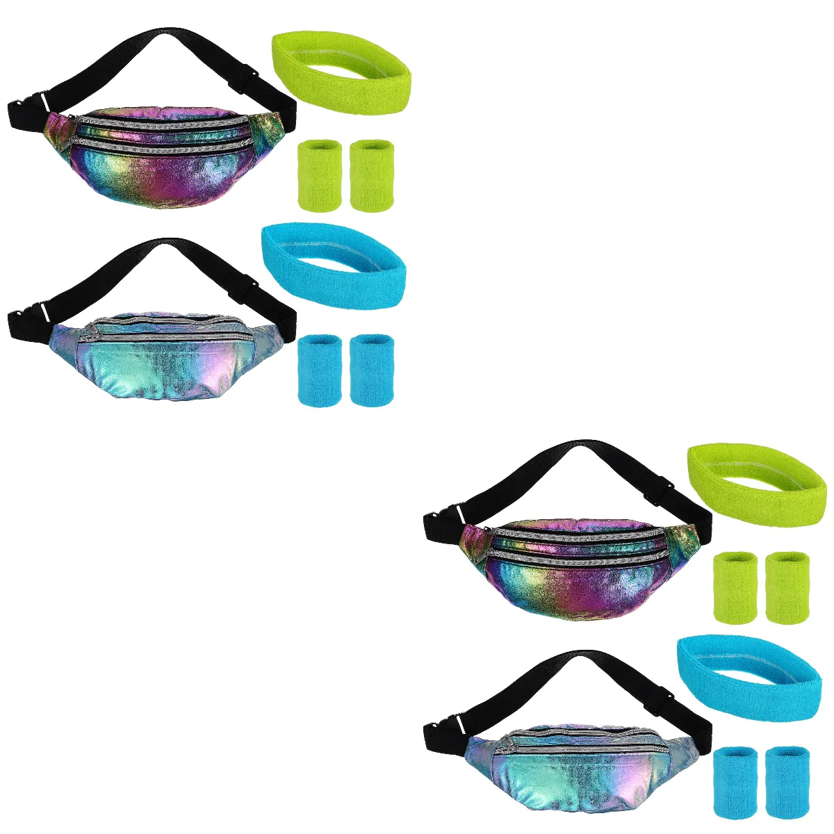 

2pcs Women's Vintage Holographic Fanny Packs Belt Bags with Headbands and Wristbands