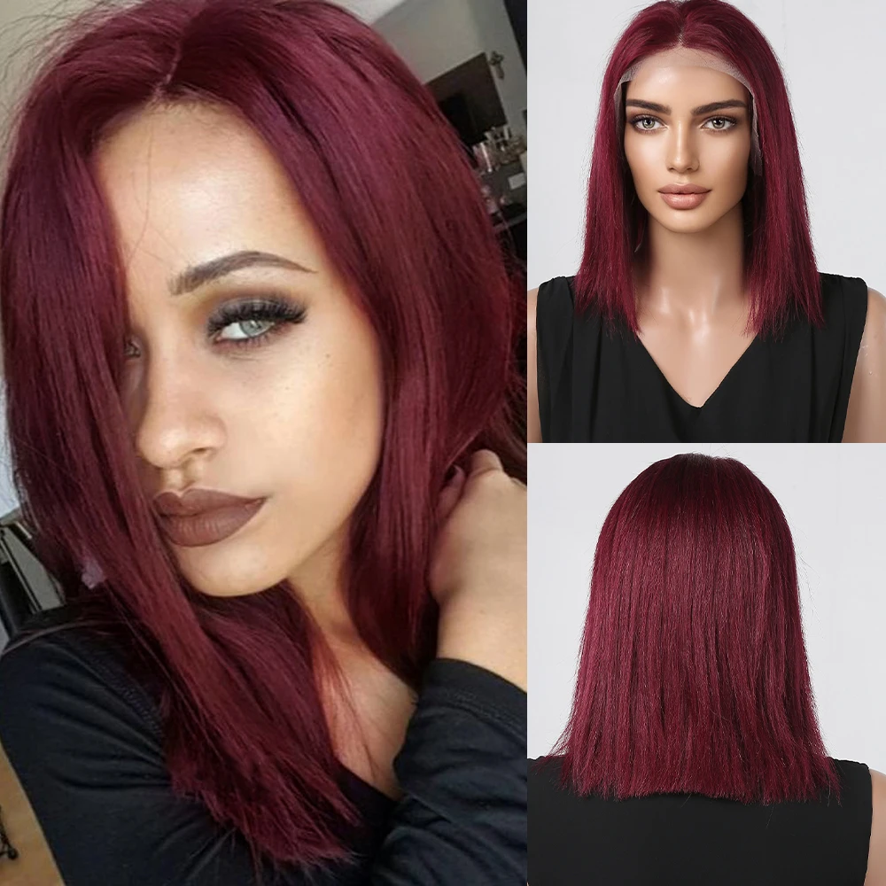 Burgundy Dark Wine Colored Straight Human Hair Short Bob Lace Front Wigs for Women Remy Hair Lace Frontal Pre-plucked Baby Hair