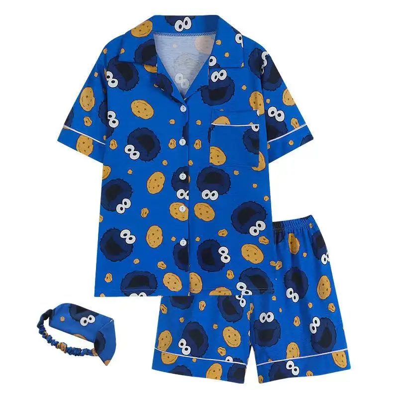 Summer Short Sleeved Pijama Set for Sweet Girls Sesame Print Cartoon Pajama Home Clothes Harajuku Homewear Nightgowns Cotton