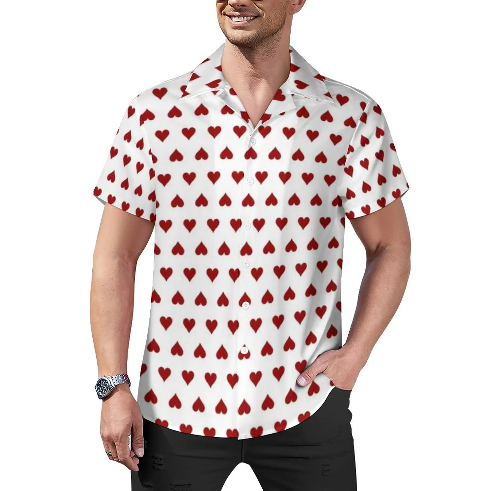 

Red Poker Hearts Blouses Men Playing Cards Print Casual Shirts Hawaiian Short Sleeve Novelty Oversized Vacation Shirt Gift Idea