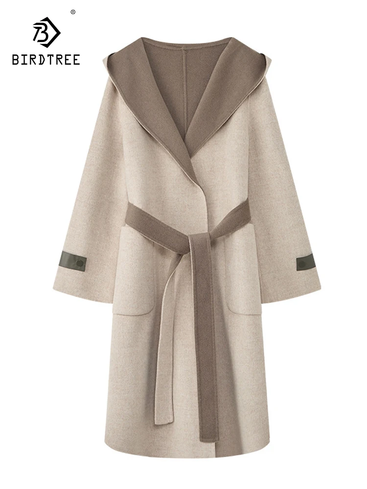 

Birdtree 10% кашемир 90% шерсть ленивое пальто с капюшоном с контрастным дизайном для женщин 2023 осень зима средней длины пальто C39535QC