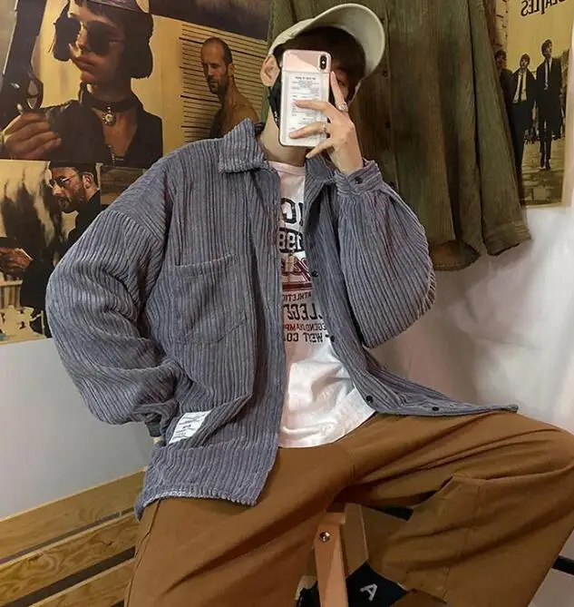 Retro Corduroy Shirt Men Loose Shirts Spring Autumn Student  Corduroy Outwear