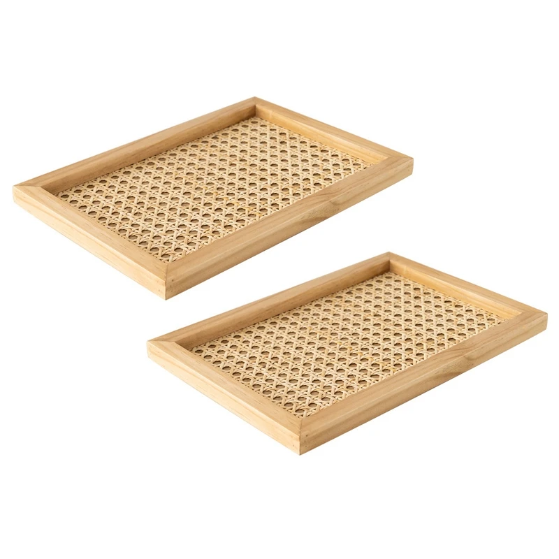 

2X Nordic Rattan Woven Tray Wooden Handmade Ins Wind Rectangular Geometric Ornament Key Storage Tray-Rectangular Wood