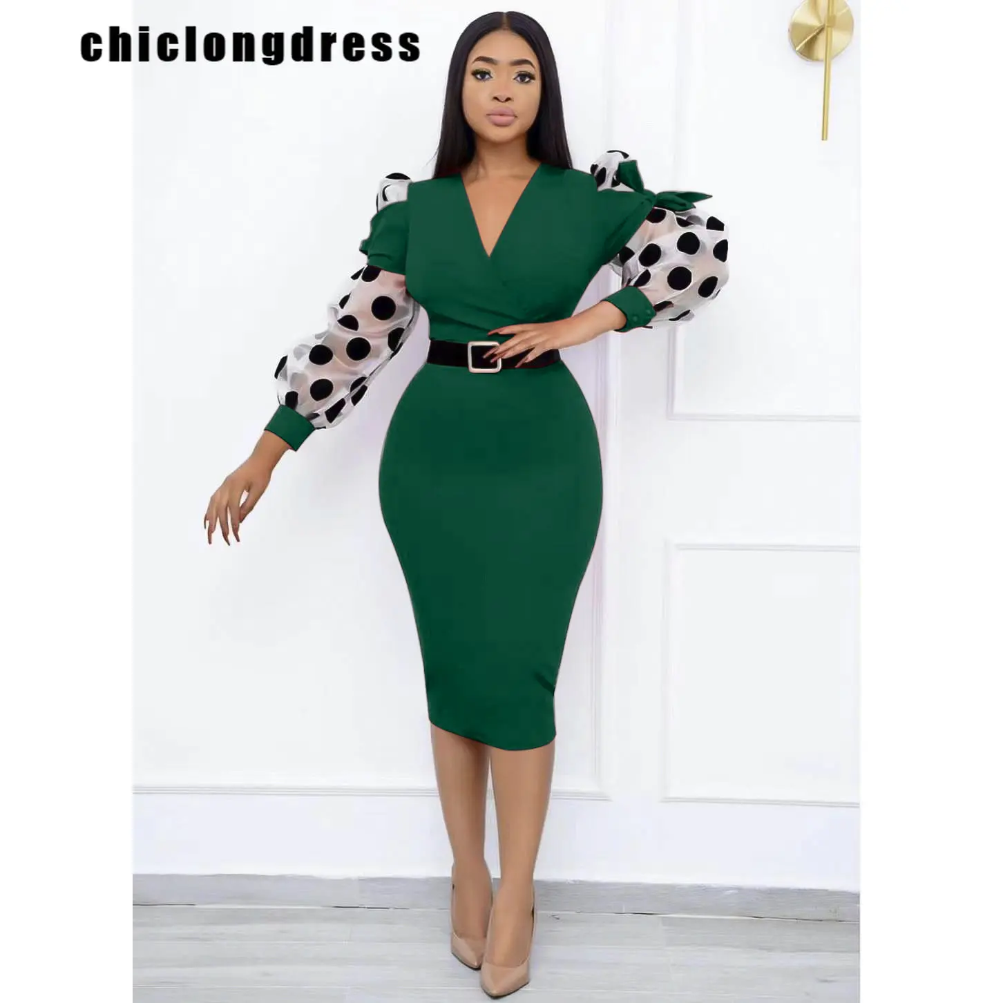 

Женское Сетчатое платье с поясом, элегантное облегающее платье с V-образным вырезом и длинными рукавами, осень 2022