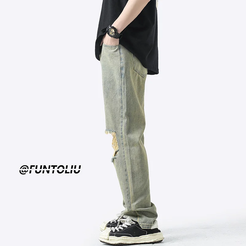 Summer 3 Color Ripped Baggy Jeans Men's Fashion Casual Hole Straight Jeans Streetwear Hip Hop Loose Denim Pants Mens Trousers