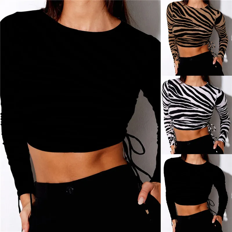 

Fashion Women Zebra-stripe Top Stylish Long Sleeve Side Drawstring Crop Tops Spring New Round Collar Pullover Tops T-Shirt Lady