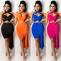 x5087 womens sexy two piece summer fashion solid color bandage bandage wrap chest short skirt suit female nightclub