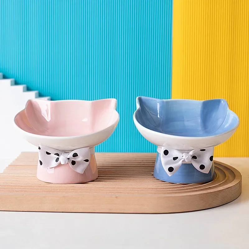 

Cat Ceramic Food Water Bowl with Stand Elevated Small Dogs Drinking Eating Dish Bowl Pet Cute Feeding Bowls with bow decoration