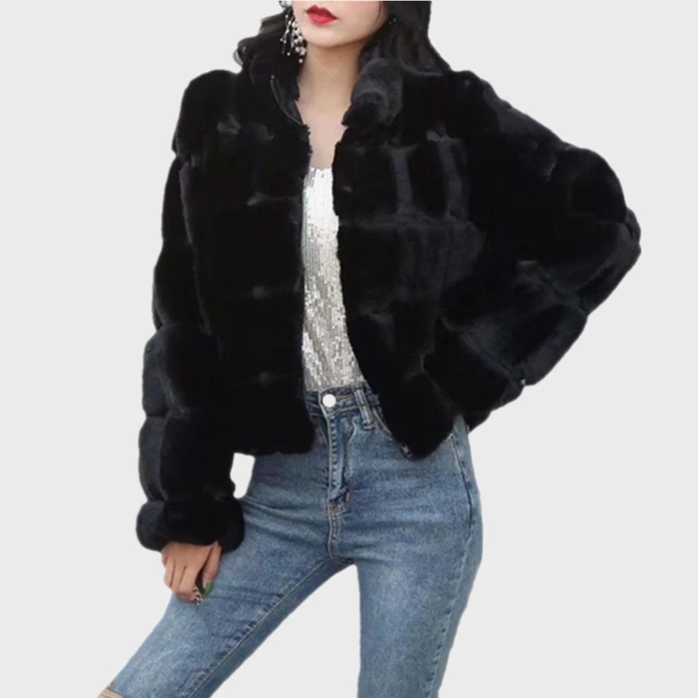 High Quality Women Winter Long Seleve Stand Collar Furry Faux Fur Coats Elegant Thick Warm Outerwear Fake Fur Jacket