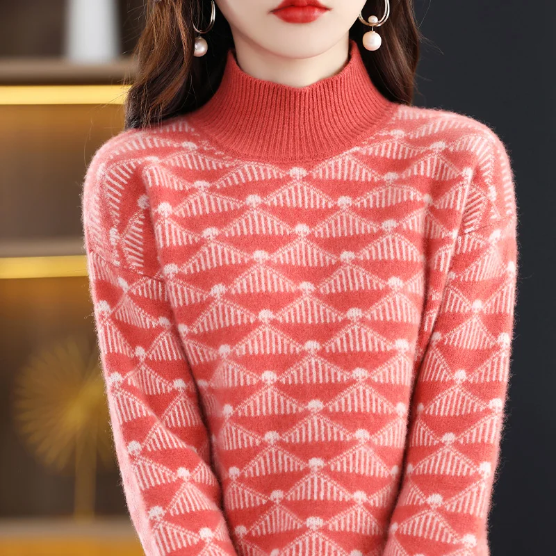 

Woman's Sweaters Autumn Winter New Style Casual Coat Female Pullover Long Sleeve Half Turtleneck Jumper Blouse 100% Wool Kni