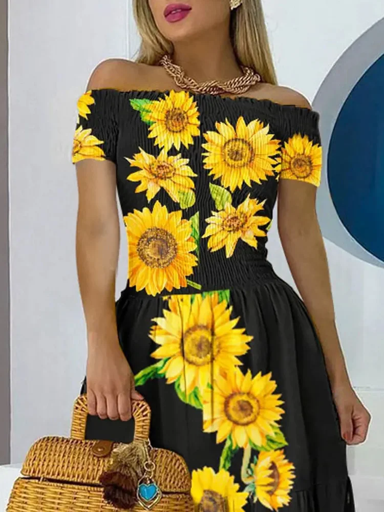 Женское Повседневное Платье макси с открытыми плечами платье принтом