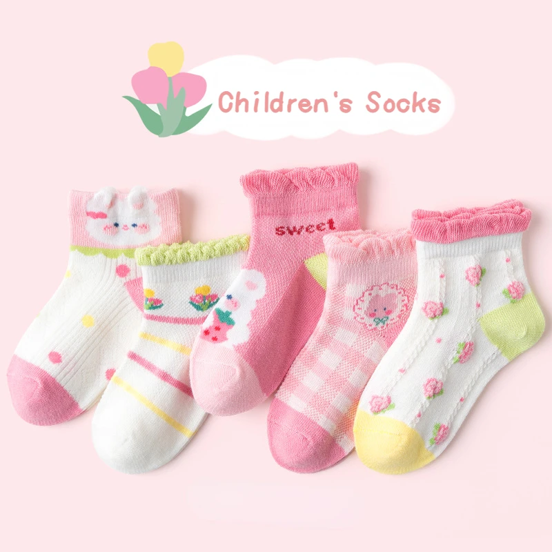 

5 Pairs Summer Socks for Children Pink Kawaii Socks Thin Cotton Breathable Socks Spring Summer Children's Socks