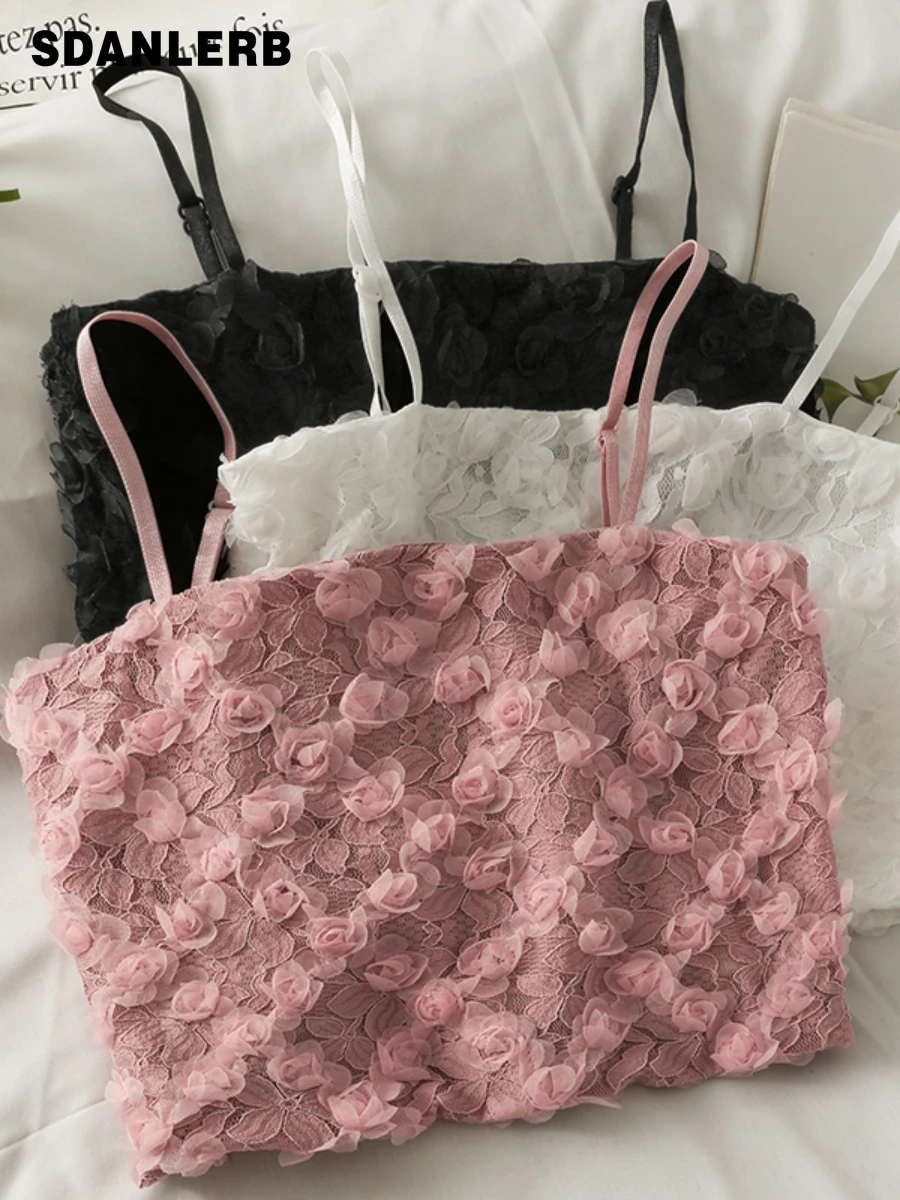 

French Style 3D Flower Short Camisole Women's Summer New Minority All-Match Outer Wear Sling Navel-Exposed Vest Wrapped Chest