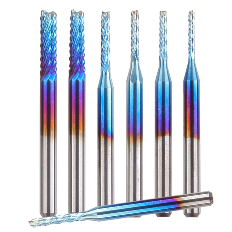 

10 Pcs Tungsten Steel End Mills Set CNC 0.8mm to 3.175mm Blue Coating of Nano Hard Alloy Corn Milling Cutter for Steel M4YD