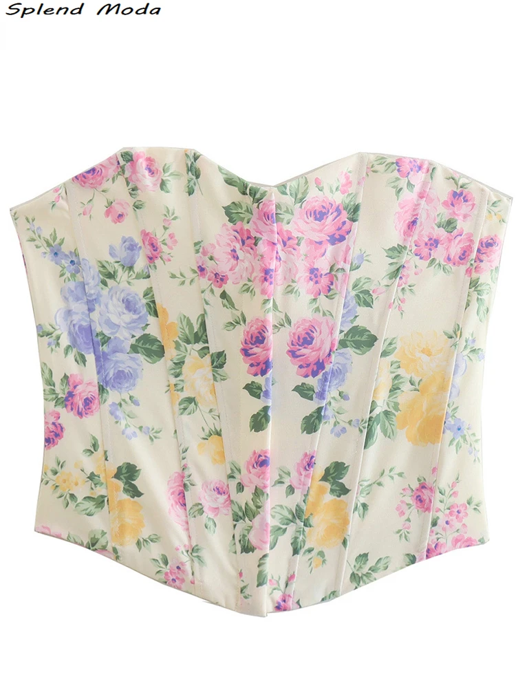 

2022 ZA Fashion Summer Sweet Style Floral Printed Cropped Corset Women Sexy Slim Backless Party Tube Tops Female Crop Top