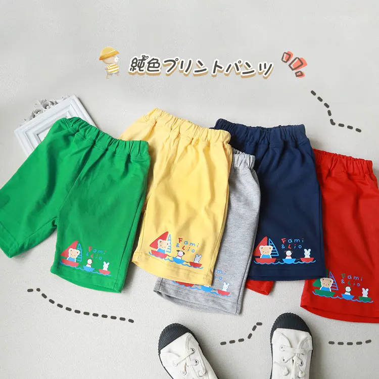 

Children's Shorts 2022 Summer Boy Cotton Cartoon Printing Solid Color Rubber Band Belt Mid-Waist Five-Point Pants