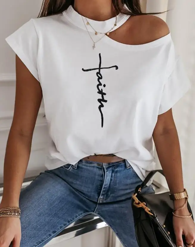 

Cold Shoulder Casual T-Shirt for Women Faith Print Design OTTD Polyester 2023 Summer Women's Fashion Short Sleeve Top