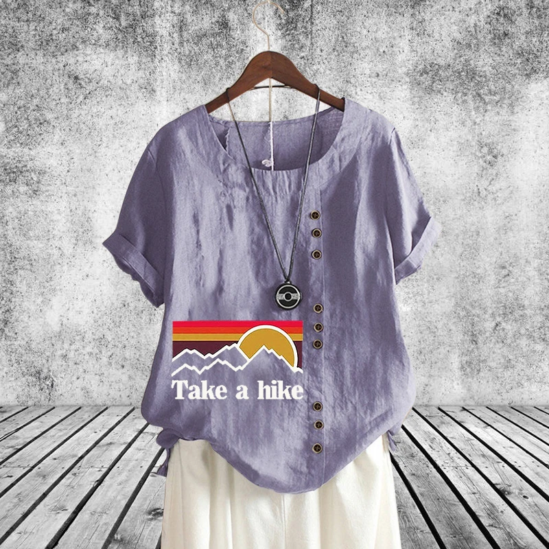 

Women Summer Personality Printed Loose T-shirt Vintage Cotton Linen Blouse Round Neck Solid Color Short Sleeve Shirt Top XS-5XL