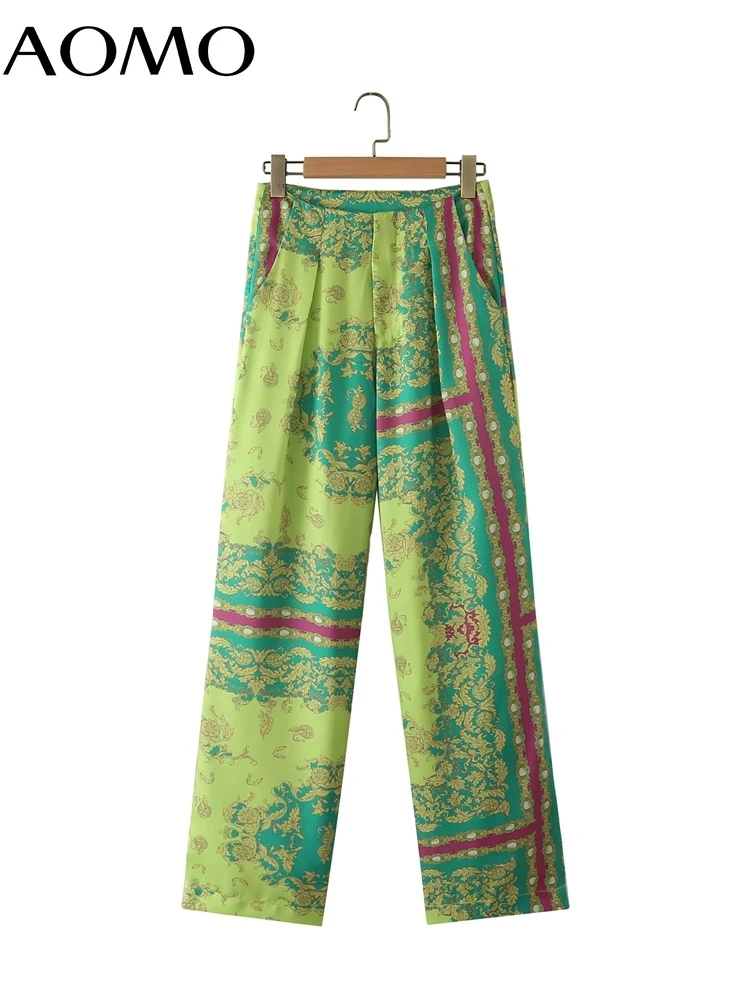 

AOMO Women Green Totem Print Long Pants Trousers Vintage Style Zipper Lady Pants Pantalon 5X63A