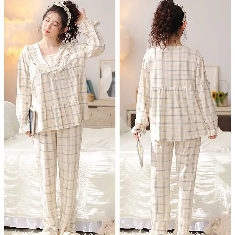 Yasuk Spring Autuum Fashion Women's Casual Sleepwear Homewear Lovely Sweet Pajamas With Pants Soft Plaid Simple Gentle