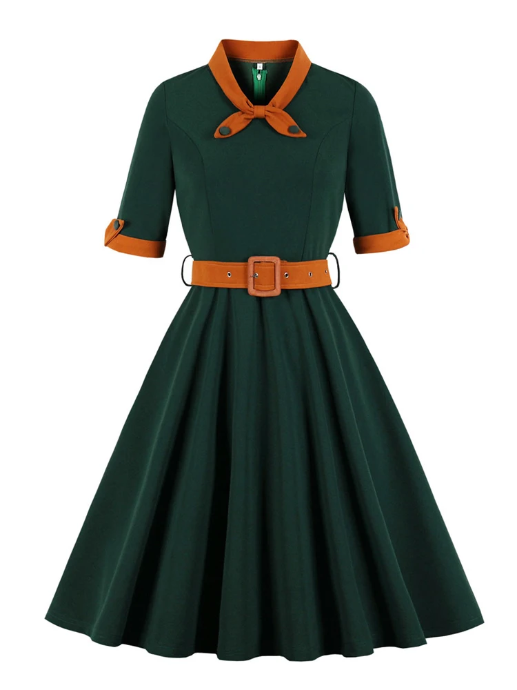 

2023 Green Casual Runway Vintage Dress Belted Contrast Bow Neck Cuff Half Sleeve Autumn Women Fit and Flare Retro Swing Dresses