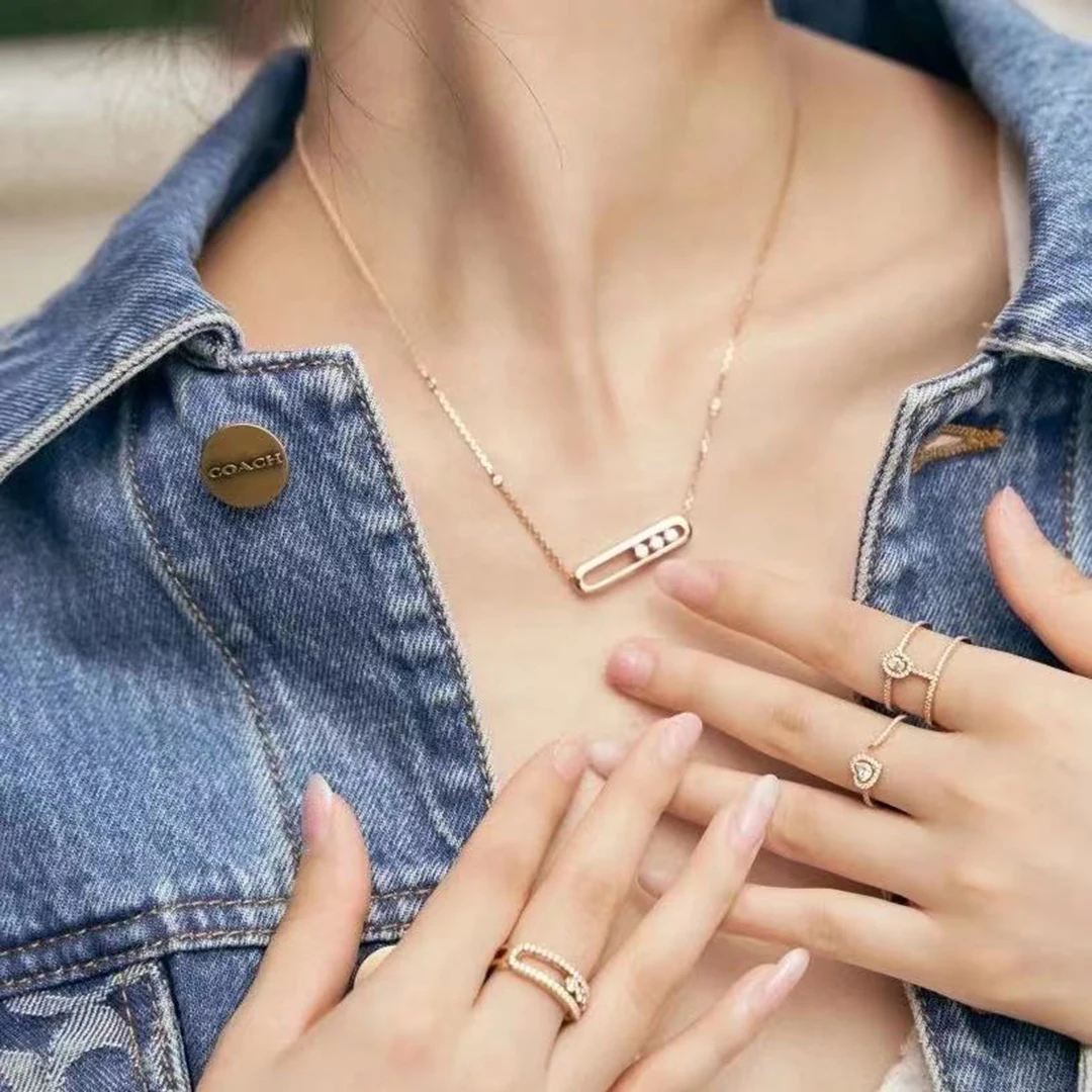 

French classic luxury jewelry. Smooth moving stone 3 diamond women's necklace. Wedding Anniversary Valentine's Day Gift