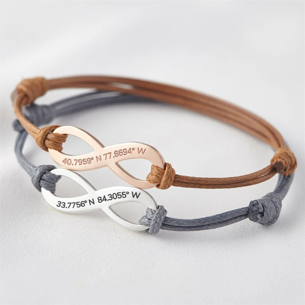 

Personalized Rope Bracelet for Women Adjustable Infinity Custom Longitude Latitude Lettering GPS Stainless Steel Bracelet