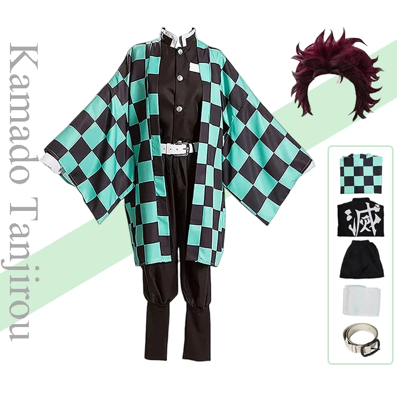 

Anime Demon Slayer Kimetsu No Yaiba Kamado Tanjirou Cosplay Costume Kimono Haori for Kids Aldult Halloween Costumes Wig Suit