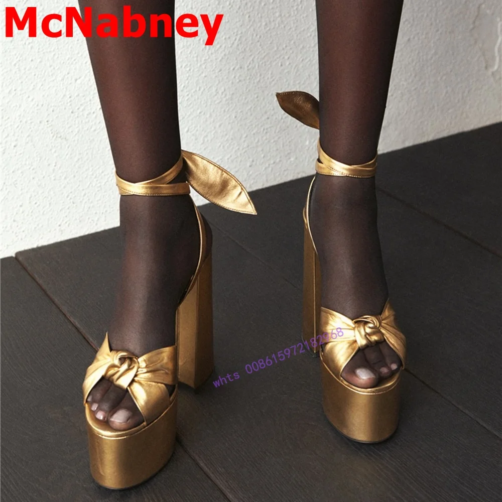 

Sexy Super High Heels Sandals Open Toe Platform Bow Knot Solid Gold Block High Heel Summer Shoes Ankle Straps Leaves Sandals New