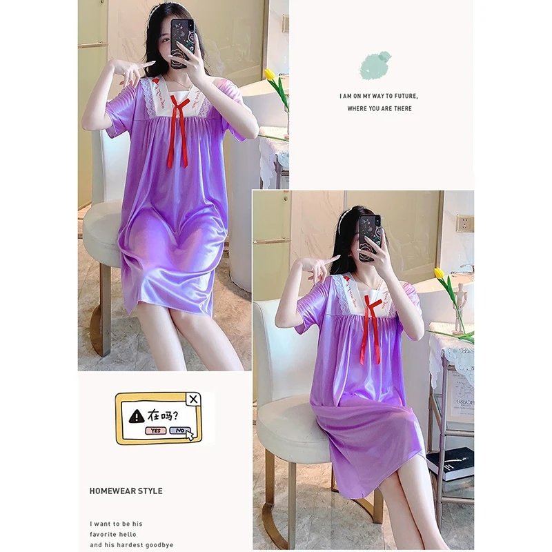 2 Pcs/Lot New Summer Ladies Short Sleeve Nightdress Noble Fashion Pajamas Cute Ice Silk Ladies Homewear Size M L XL XXL XXXL 4XL