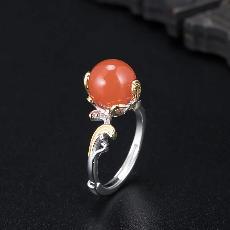 

100% Real 925 Silver Chinese Style Adjustable Open Ring Jewelry Ethnic Branch South Red Agate Finger Rings Gift for Women JZ051