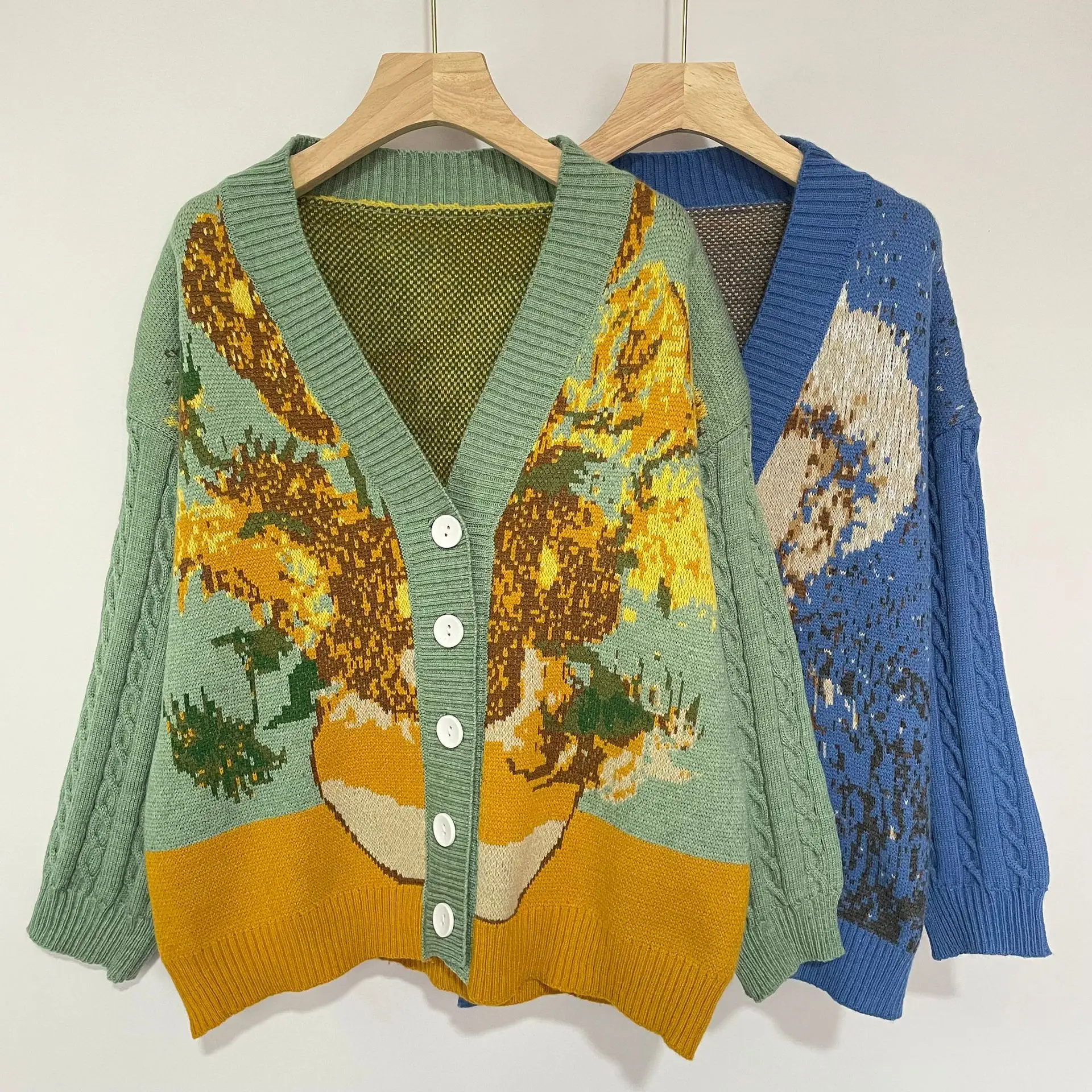 

Van Gogh Sunflower Vintage Sleeve Cardigan Knit Sweater 2022 Women Elegant Luxury Embroidery Knitwear Sweaters Streetwear Tops