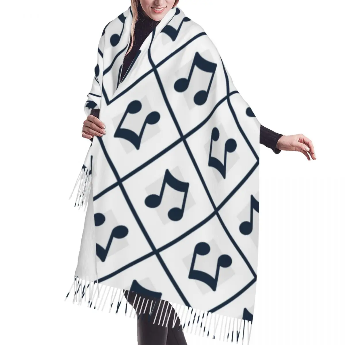 

Blue Music Notes Scarf Winter Long Large Tassel Scarves Soft Wrap Pashmina
