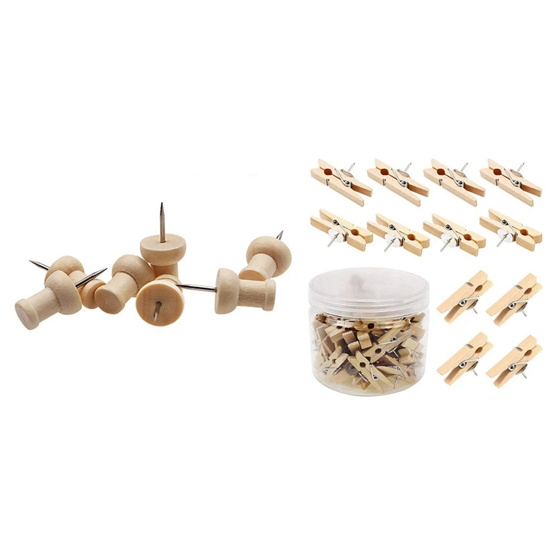 

80 Pcs H-Shape Wood Decorative Push Pins & 50 Pcs Push Pins With Wooden Clips Thumbtacks