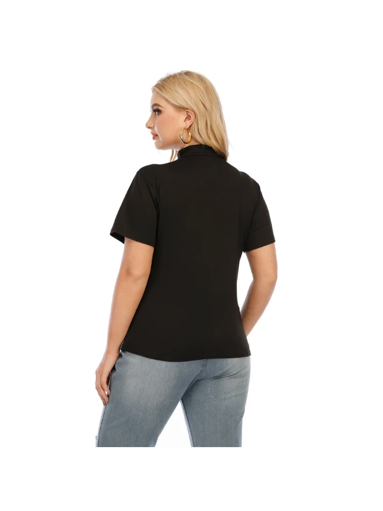 Half high collar, one button, short sleeved casual slim fitting T-shirt top plus size women clothing