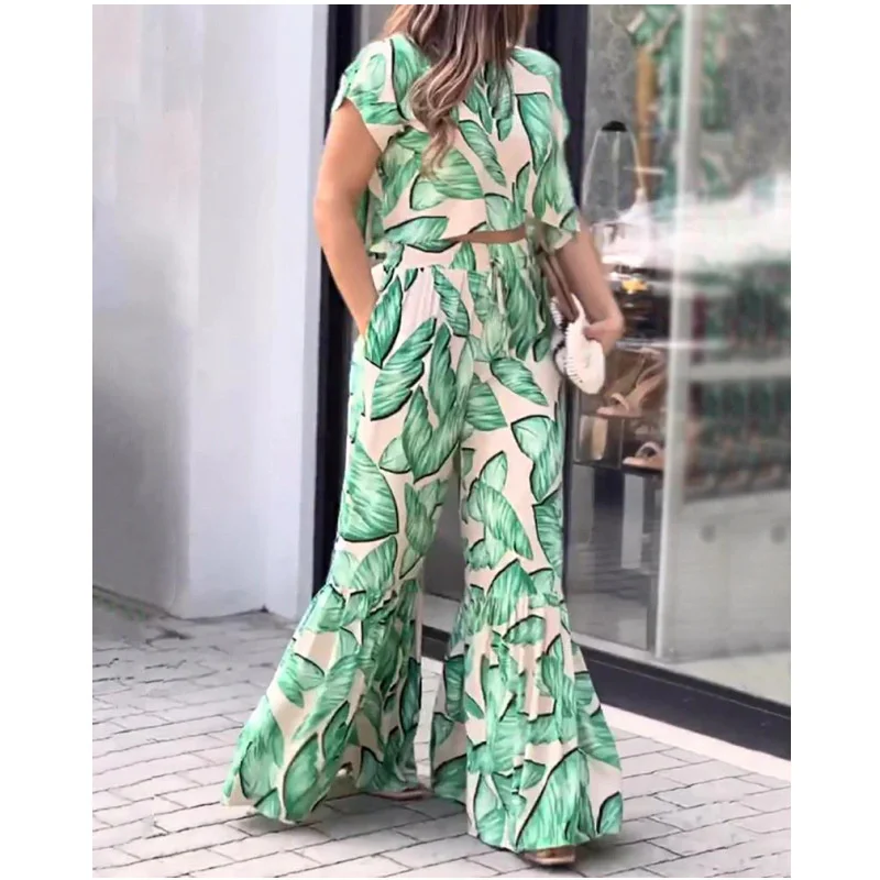 

2023Casual slim suit,New Women's Spring Temperament Printing Short Top High Waist Wide Leg Pants Two Piece Set